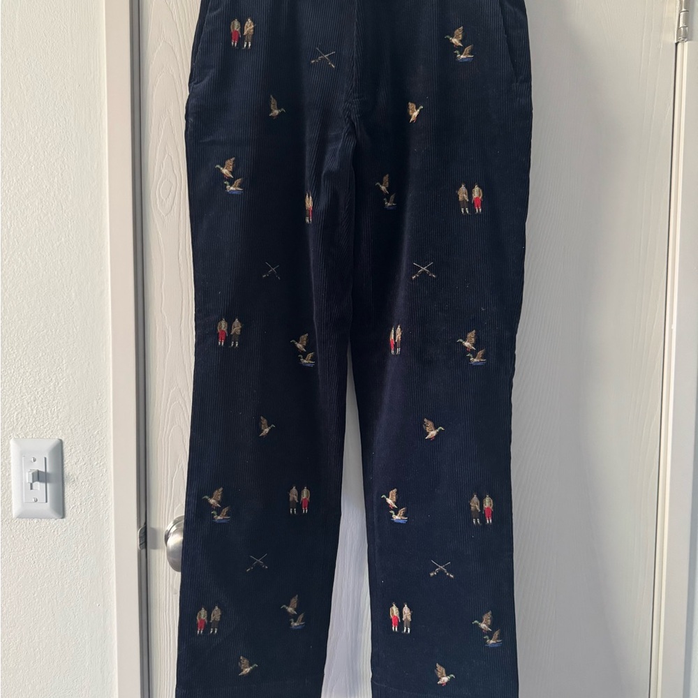 Navy Corduroy Pants with Embroidered Figures